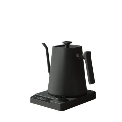 Sleek black electric gooseneck kettle with wooden handle and digital display for professional use