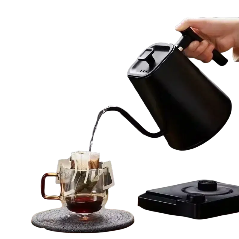 Black matte electric gooseneck kettle with wooden handle and digital display