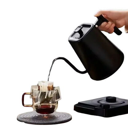 Black matte electric gooseneck kettle with wooden handle and digital display