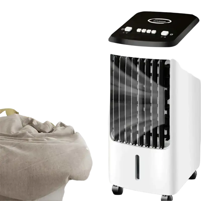 Portable Black Hyundai evaporative cooler fan with wheels, cooling heating, 5 refrigerant bottles