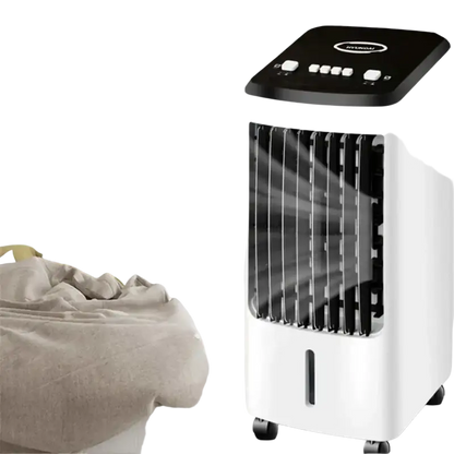 Portable Black Hyundai evaporative cooler fan with wheels, cooling heating, 5 refrigerant bottles