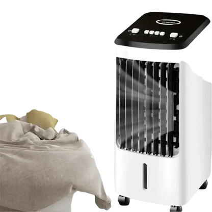 Air cooler fan with refrigeration, purification, and humidification features in a room setting.