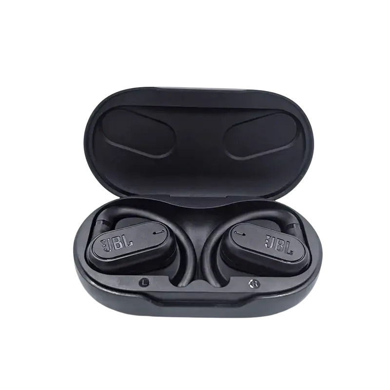 Black JBL Soundgear Sense wireless earbuds in protective case