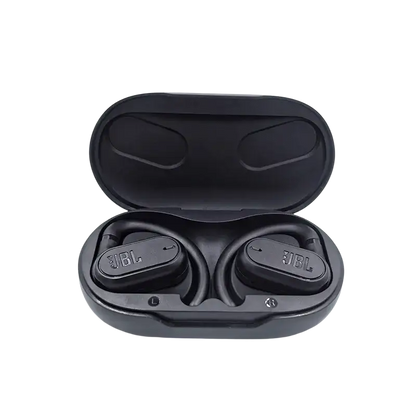 Black JBL Soundgear Sense wireless earbuds in protective case