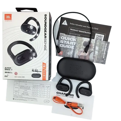 Black JBL Soundgear Sense wireless earbuds in protective case