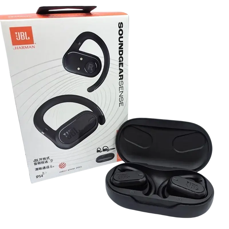 Black JBL Soundgear Sense wireless earbuds in protective case