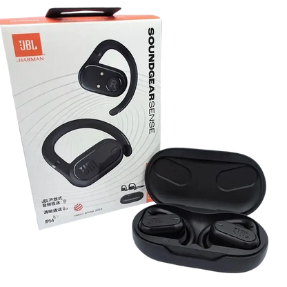 Black JBL Soundgear Sense wireless earbuds in protective case