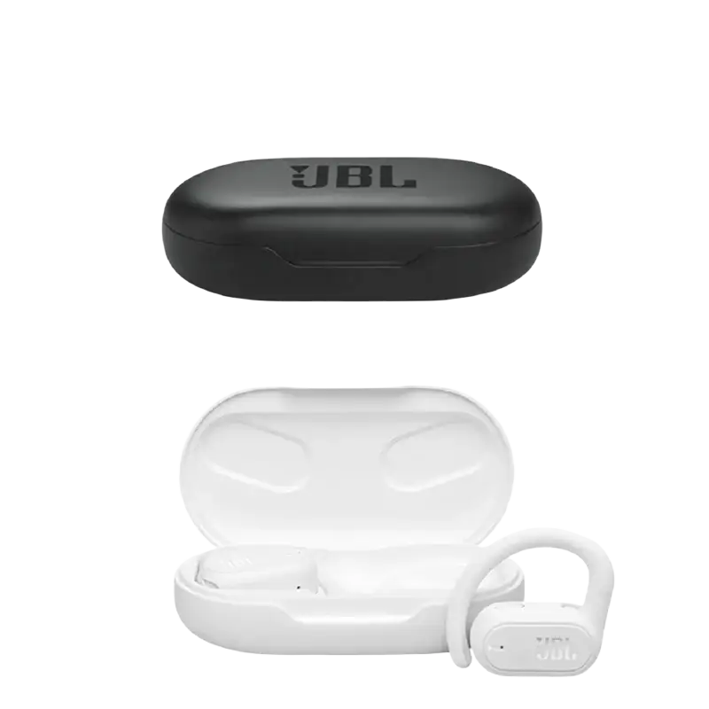 Black JBL Soundgear Sense wireless earbuds in charging case