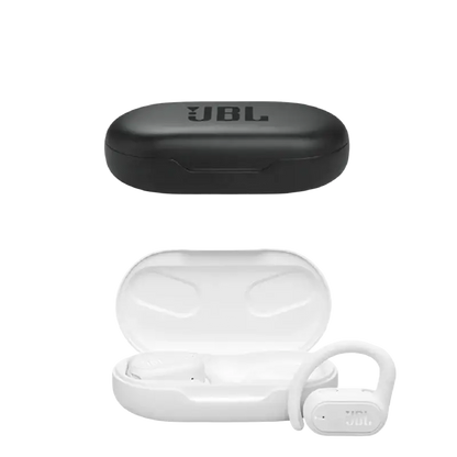 Black JBL Soundgear Sense wireless earbuds in charging case
