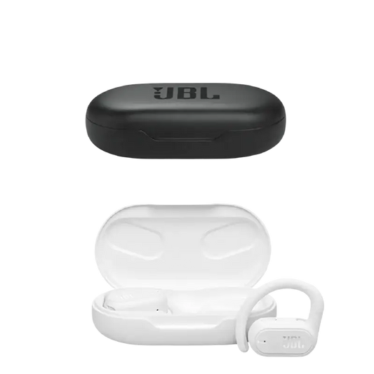 Black JBL Soundgear Sense wireless earbuds in charging case