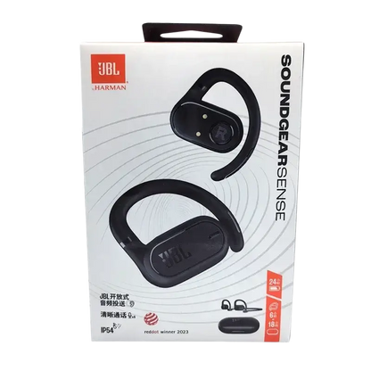 Black JBL Soundgear Sense wireless earbuds with IP54 rating and 2023 award sticker
