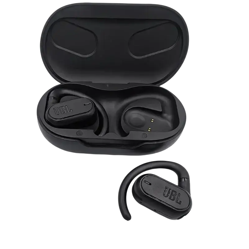 Black JBL Soundgear Sense wireless earbuds in protective charging case