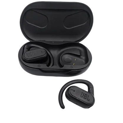 Black JBL Soundgear Sense wireless earbuds in protective charging case