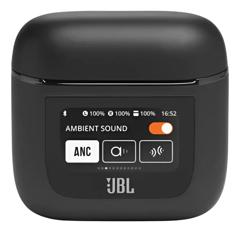 Black JBL wireless earbuds with noise cancellation and charging case