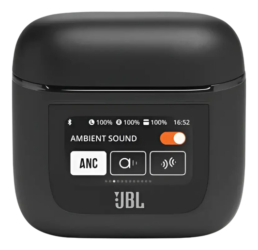 Black JBL wireless earbuds with noise cancellation and charging case