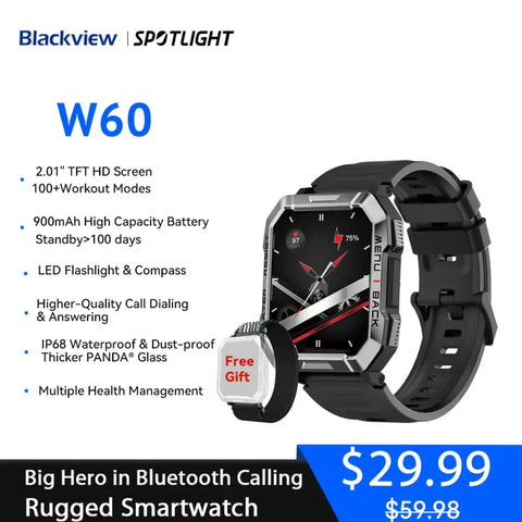 Blackview W60 2024 New Smartwatch 2.01’’ HD Display TFT Rugged Smart Watch for Outdoor With Emergency Lighting