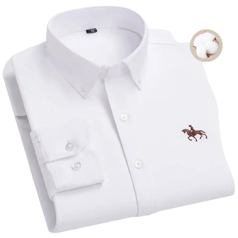 Blue and white striped casual shirt with white horse logo embroidery