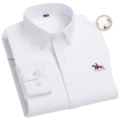 Blue and white striped casual shirt with white horse logo embroidery