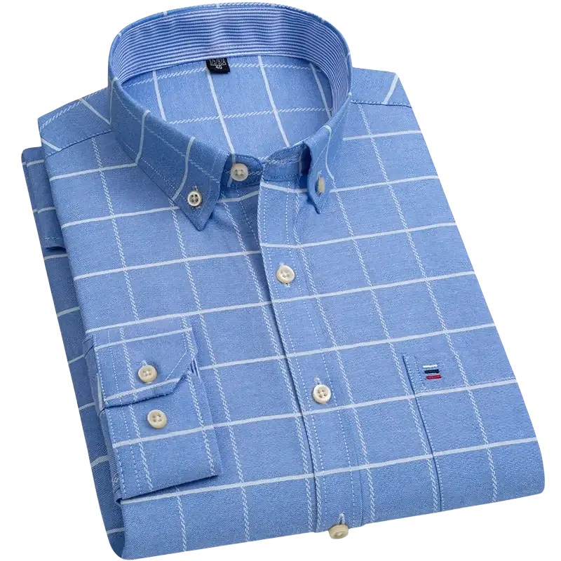 Blue plaid casual shirt with cotton fabric and classic collar
