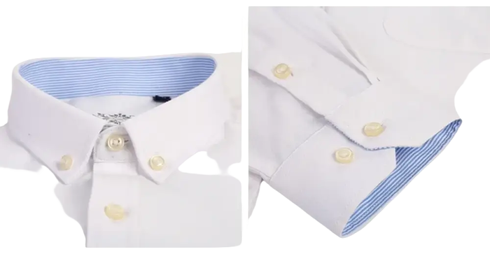 White button-down casual shirt with blue striped cuffs, collar, gold buttons