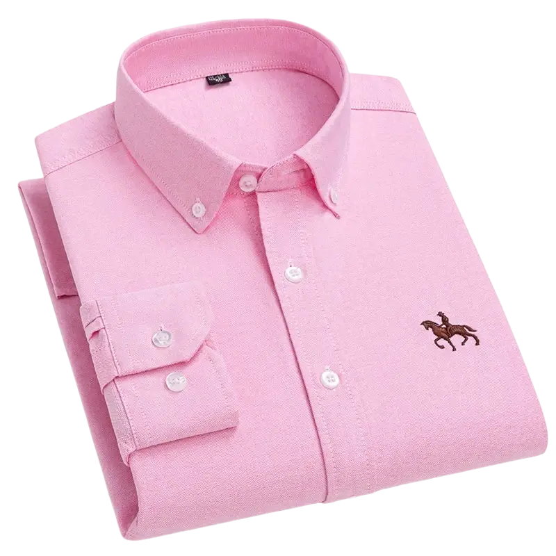 Pink cotton casual shirt with horse embroidery and button-down collar