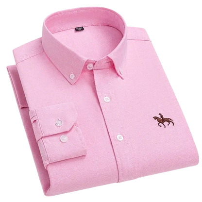 Pink cotton casual shirt with horse embroidery and button-down collar