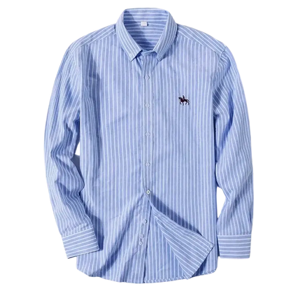 Blue and white striped casual shirt with Ralph Lauren horse logo