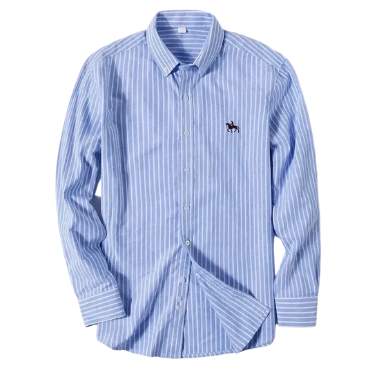 Blue and white striped casual shirt with Ralph Lauren horse logo