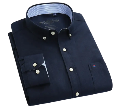 Classic blue button-down casual shirt with white buttons