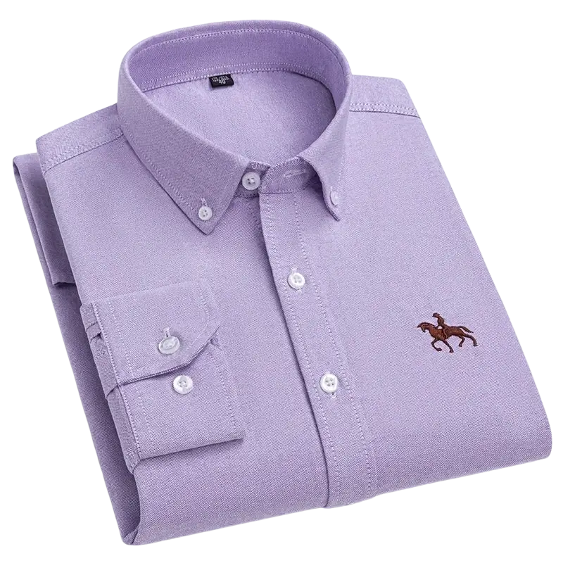 Lavender cotton casual shirt with horse embroidery and striped collar