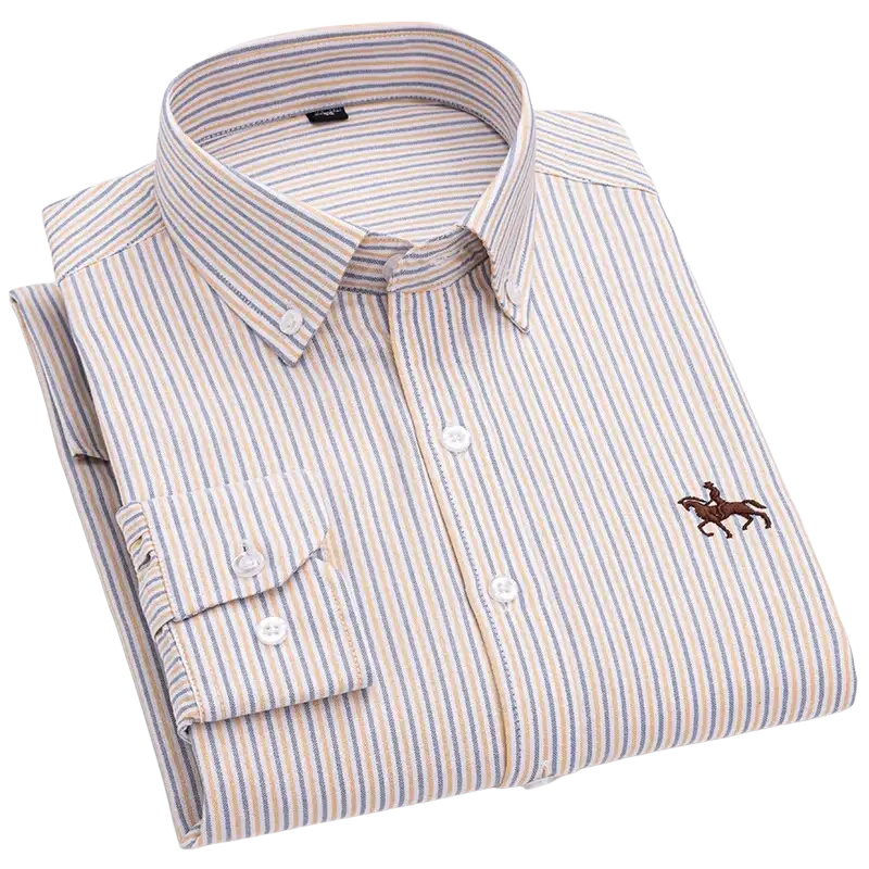 Striped casual shirt with horse embroidery on beige