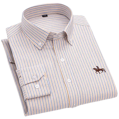 Striped casual shirt with horse embroidery on beige