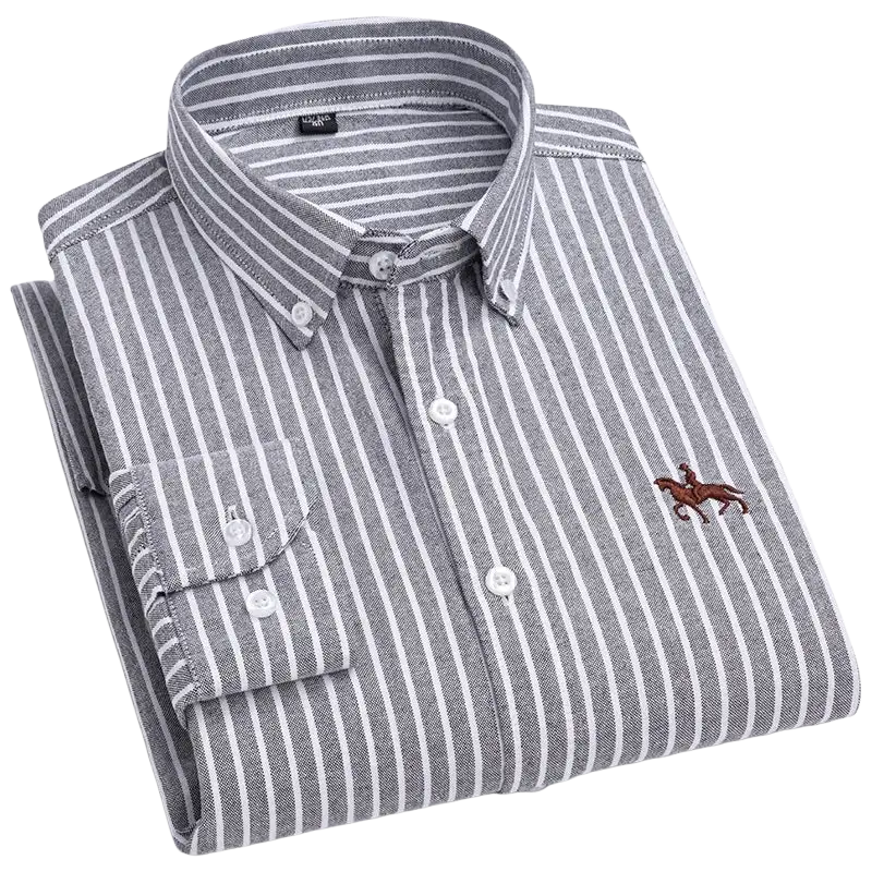Gray and white striped casual shirt with embroidered horse logo, 100% cotton