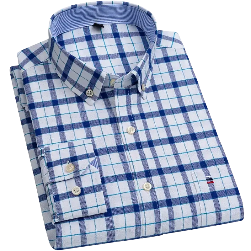 Blue and white plaid casual shirt with Tommy Hilfiger logo