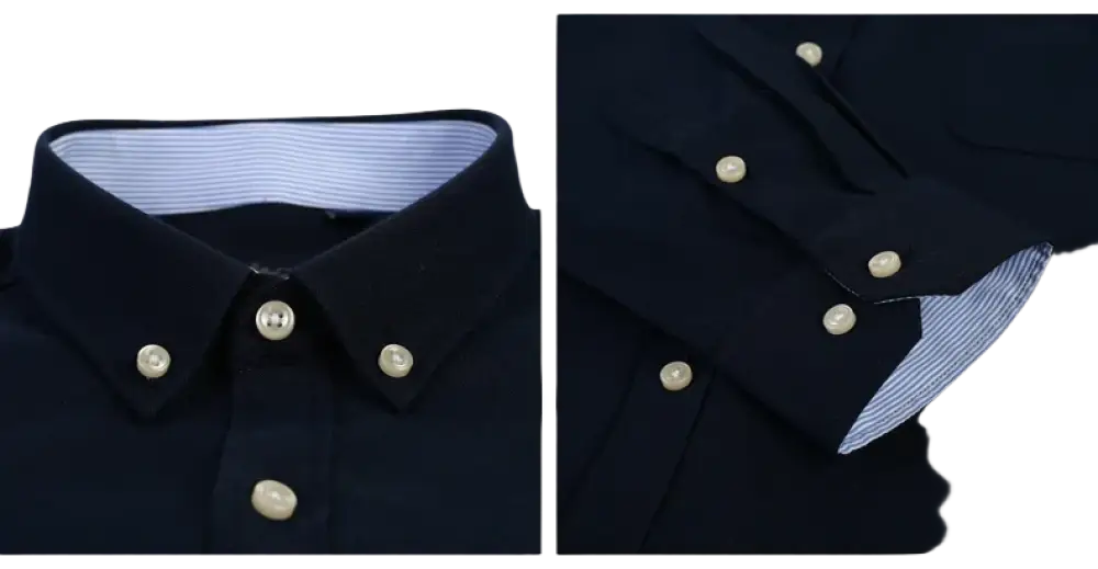Navy blue casual shirt with pearl buttons and white striped collar