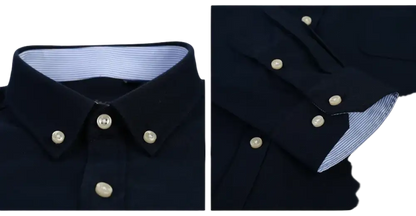 Navy blue casual shirt with pearl buttons and white striped collar