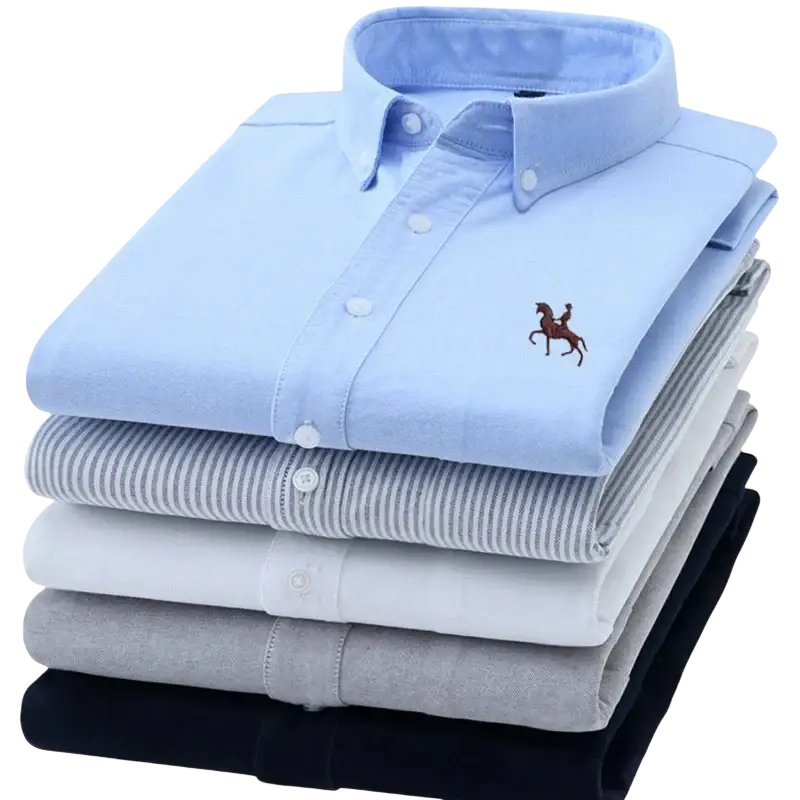 Stack of casual shirts with embroidered horse logo in blue and gray