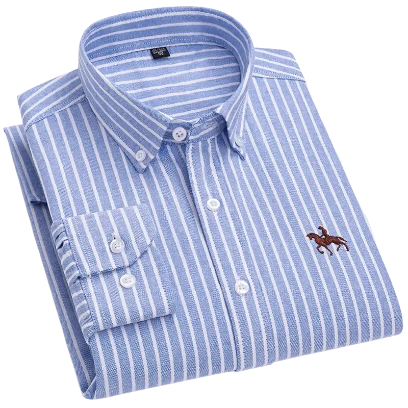 Blue striped casual shirt with horse logo, 100% cotton