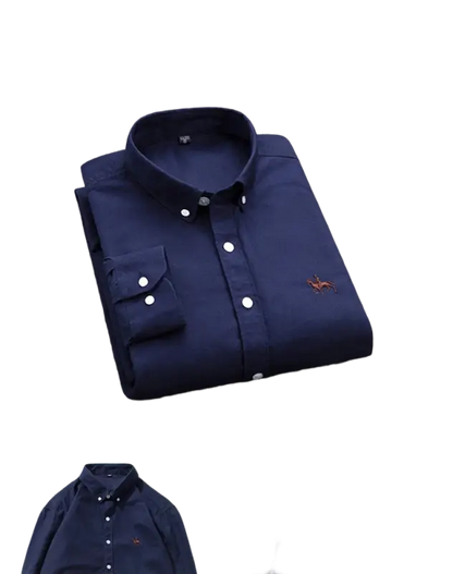 Navy blue cotton casual shirt with embroidered logo on chest