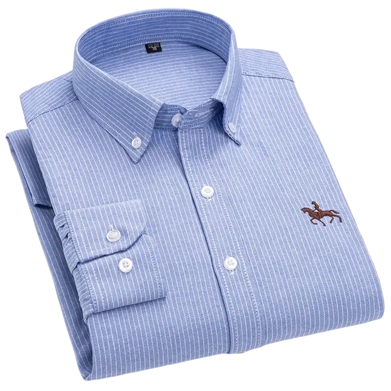 Blue striped casual shirt with horse embroidery