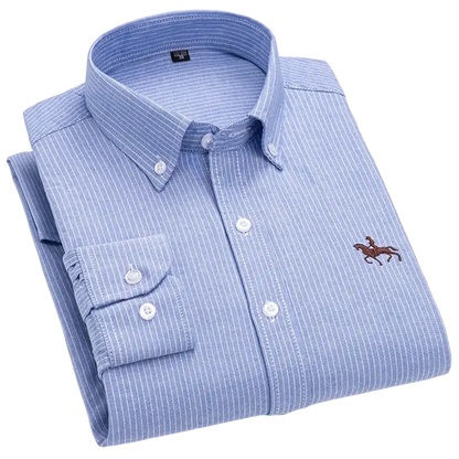 Blue striped casual shirt with horse embroidery