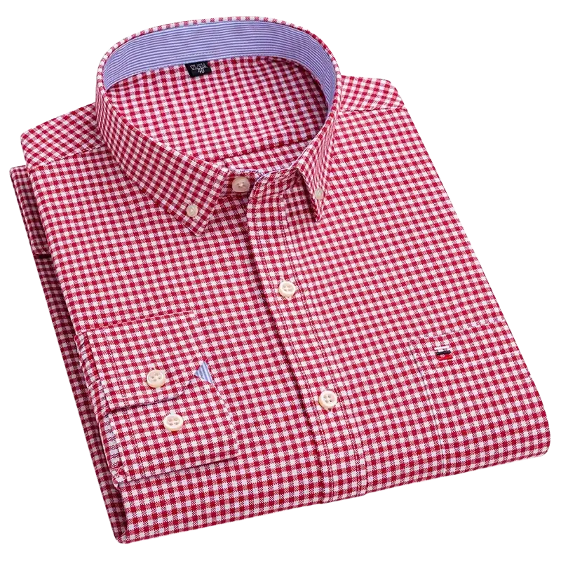 Red and white checkered casual shirt with button-down collar and pocket