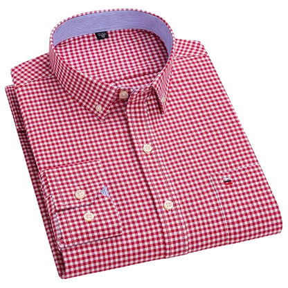 Red and white checkered casual shirt with button-down collar and pocket