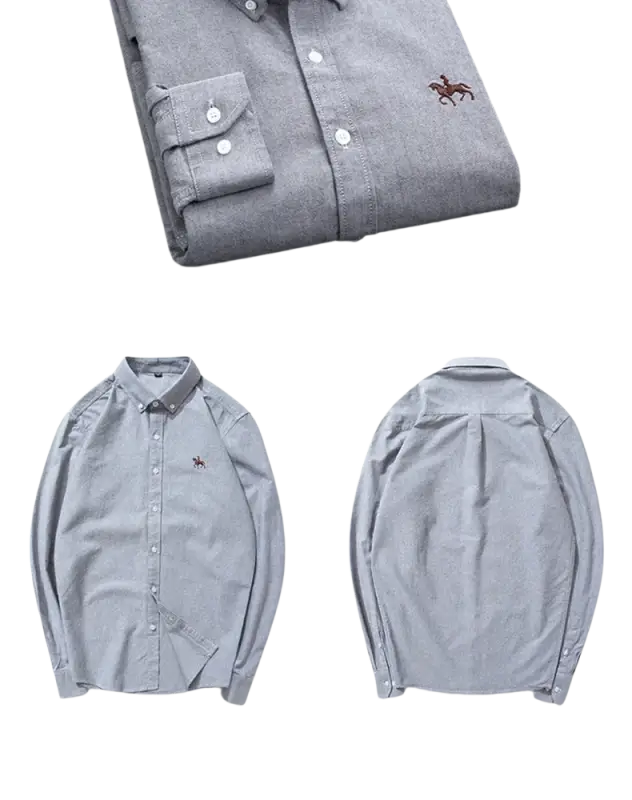 Gray cotton polo shirt with embroidered horse logo, casual shirts style