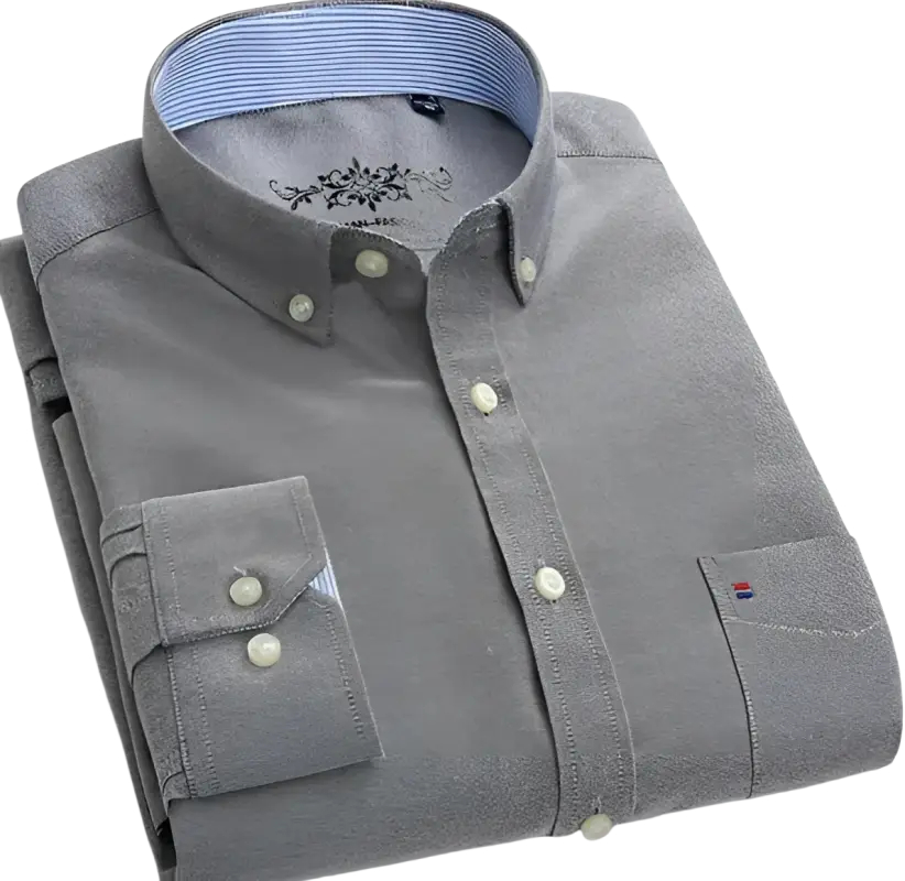 Gray casual shirt with blue lining, pocket details and white stripes