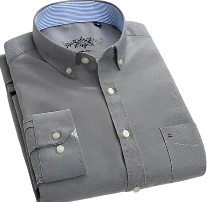 Gray casual shirt with blue lining, pocket details and white stripes