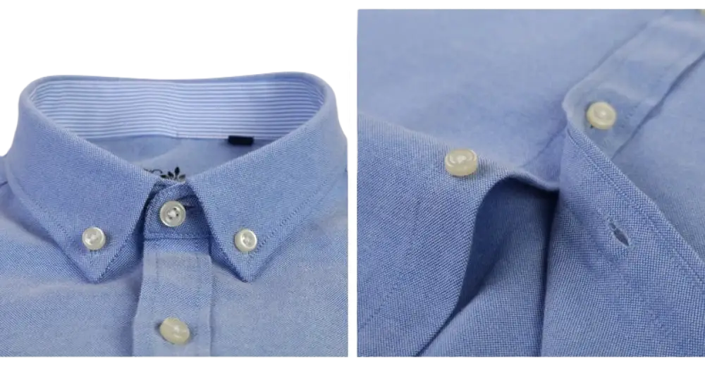 Classic blue button-down casual shirt with white buttons and textured pattern