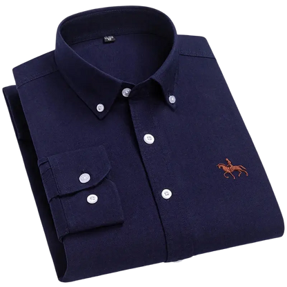 Navy blue casual shirt with embroidered horse logo in cotton