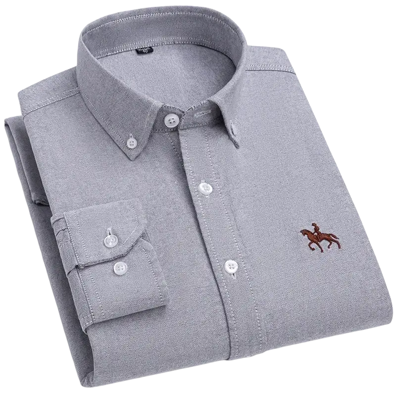 Gray polo casual shirt with embroidered horse logo, 100% cotton