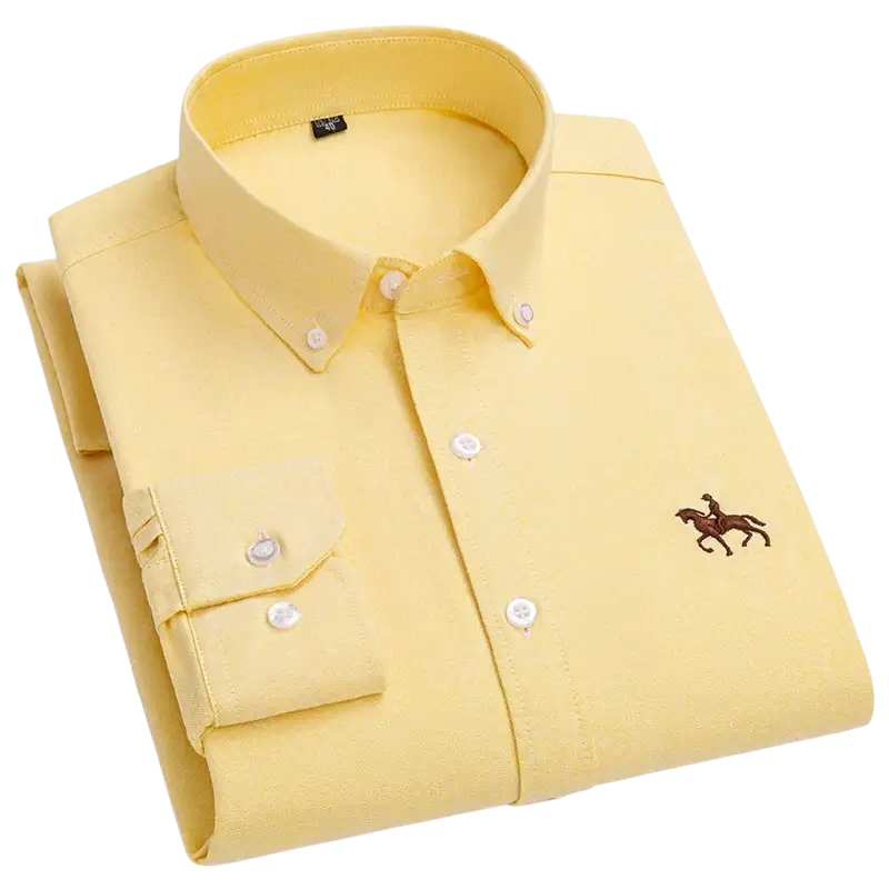 Yellow cotton casual shirt with horse embroidery and button-down collar